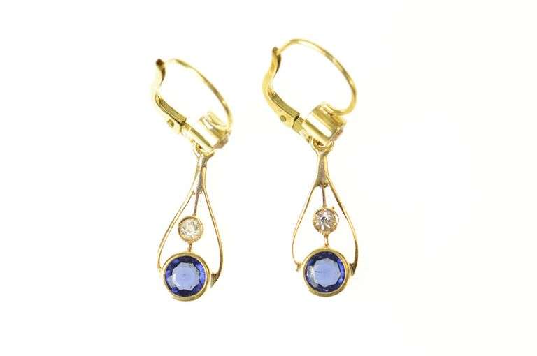 14K Yellow Gold Victorian Syn. Sapphire CZ Ornate Dangle Earrings