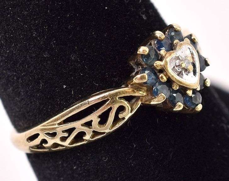 Danity 10K Yellow Gold Diamond and Blue Sapphire Gemstone Ring