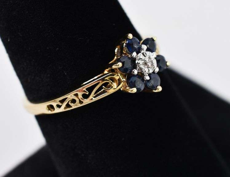 Fantastic 10K Yellow Gold Blue Sapphire and Diamond Ring