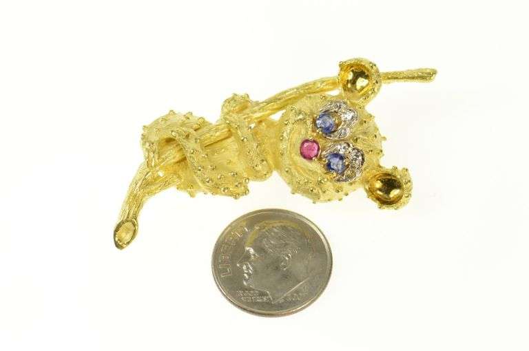 18K Yellow Gold Diamond Sapphire Ruby Koala on Tree Retro Pin/Brooch