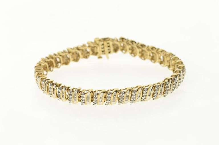10K Yellow Gold 3.15 Ctw Baguette Round Diamond Tennis Bracelet