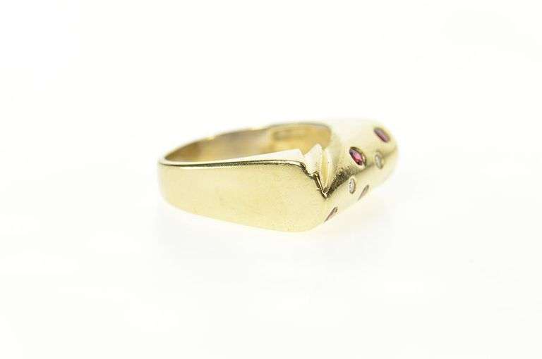 14K Yellow Gold Flush Ruby Diamond Curved Squared Statement Ring