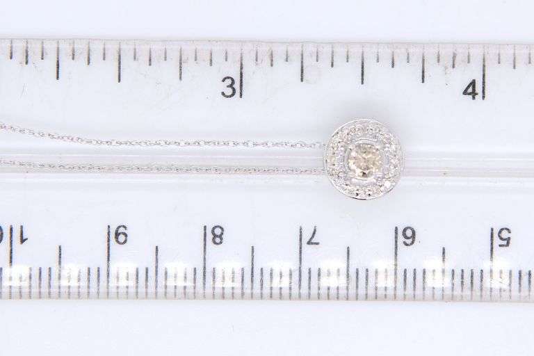 14kt White gold top light brown and white diamond halo pendant on chain necklace
