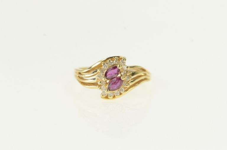 14K Yellow Gold Marquise Ruby Diamond Halo Bypass Ring