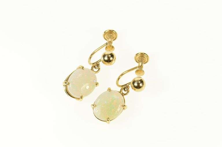 14K Yellow Gold Opal Inset Retro Dangle Screw Back Earrings