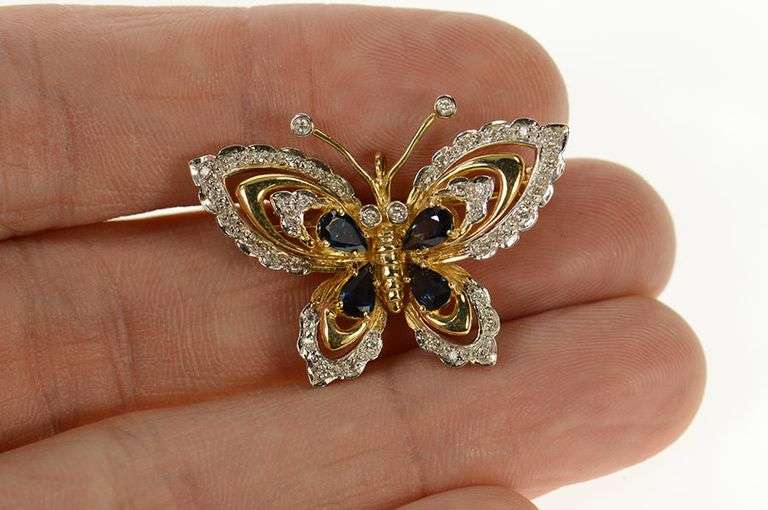 14K Yellow Gold Ornate Sapphire Diamond Butterfly Pin/Brooch