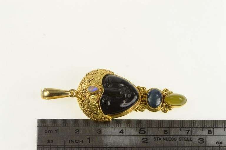 18K Yellow Gold Amethyst Buddha Opal Star Sapphire Pendant