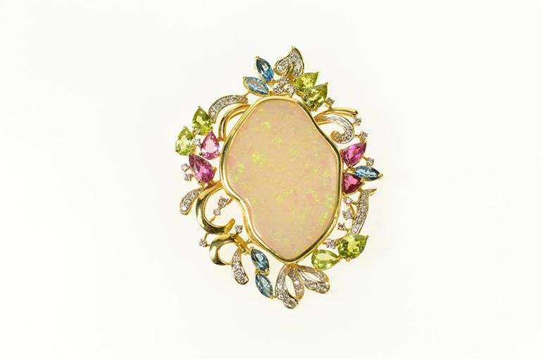 18K Yellow Gold Opal Peridot Topaz Tourmaline Diamond Pendant