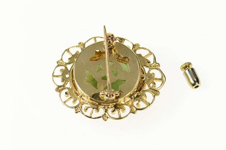 14K Yellow Gold Oval Aventurine Retro Scalloped Filigree Pin/Brooch