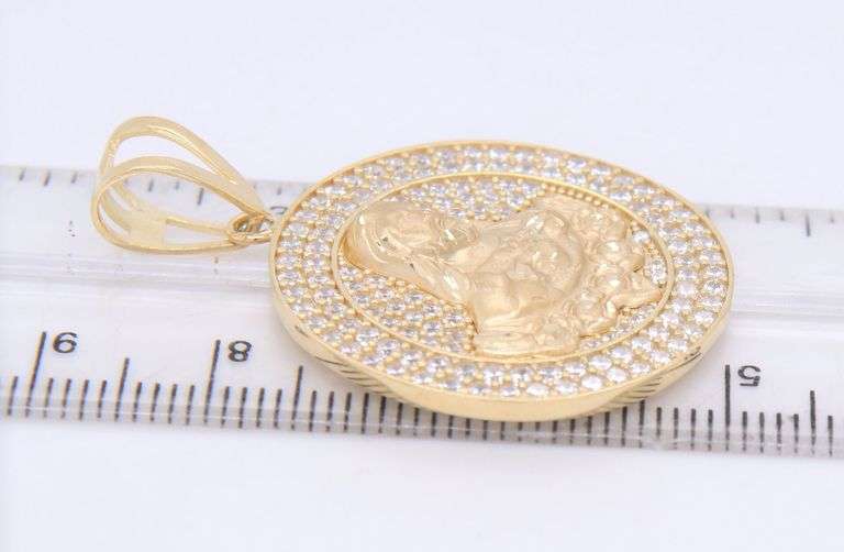 14kt Yellow gold round religious cubic zirconia pendant
