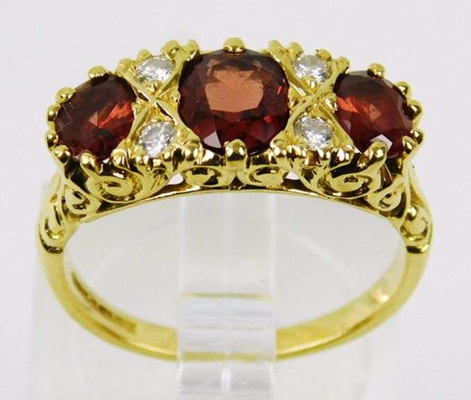 English 18K Garnets & Diamonds Ring, Size 5.5