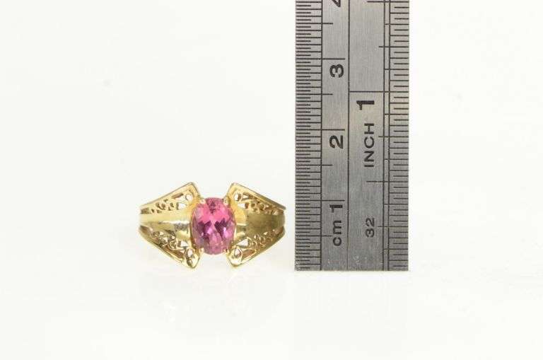 10K Yellow Gold Pink Topaz Ornate Vintage Statement Ring
