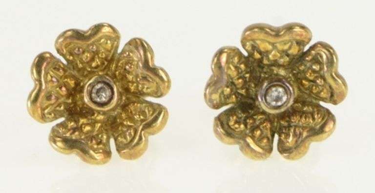 14K Yellow Gold 3D Diamond Ornate Flower Vintage Stud Earrings