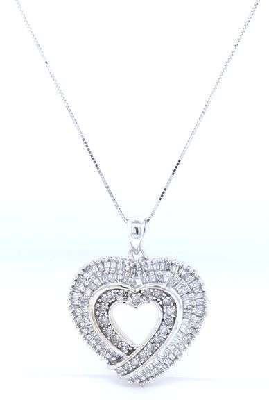 10kt White gold Baguette and round diamond heart shaped pendant on chain necklace
