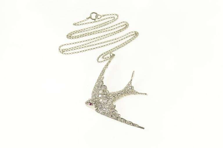 Platinum 3.06 Ctw Pave Diamond Ruby Sparrow Bird Necklace
