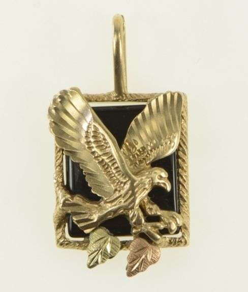 10K Yellow Gold Black Hills Leaf Onyx Soaring Eagle Pendant