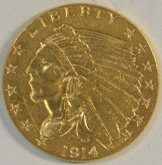 Scarce key date 1914-P US $2.50 Indian Gold Piece in AU+