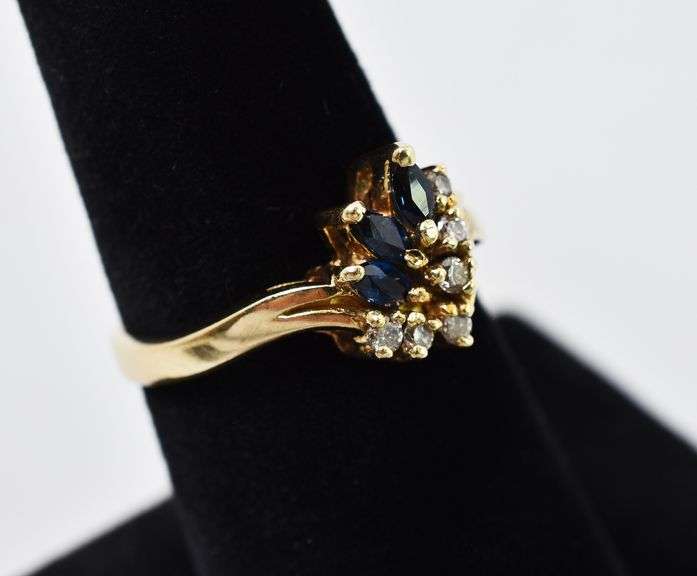 Appetizing 14K Yellow Gold Blue Sapphire and Diamond Ring