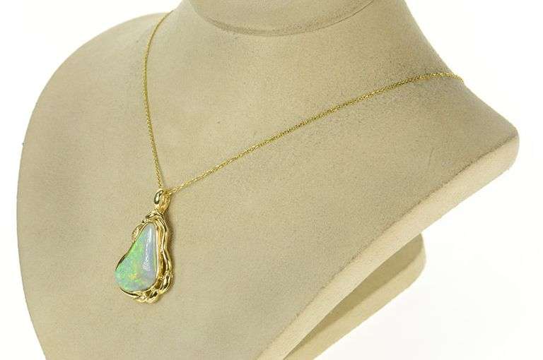 14K Yellow Gold Natural Opal Ornate Diamond Accent Pendant
