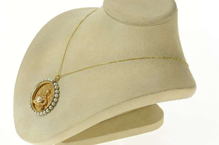 14K Yellow Gold Tibetan Buddhist Ornate Retro Pearl Medallion Pendant