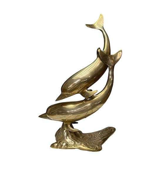 1970s Hollywood Regency Solid Brass Swimming Dolphins Sculpture 16 Inch