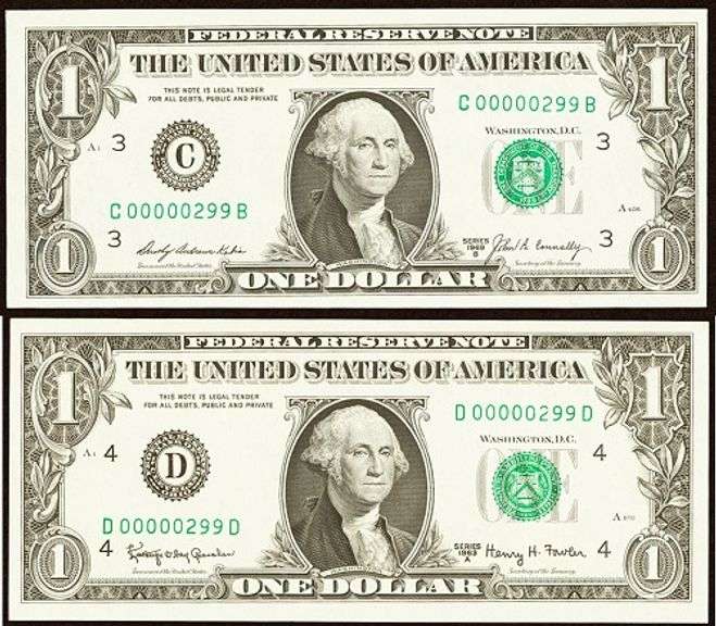 (2) Superb Crisp $1 Notes Scarce Matching Three Digit Numbers 00000299!