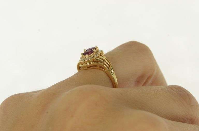 14K Yellow Gold Marquise Ruby Diamond Halo Bypass Ring