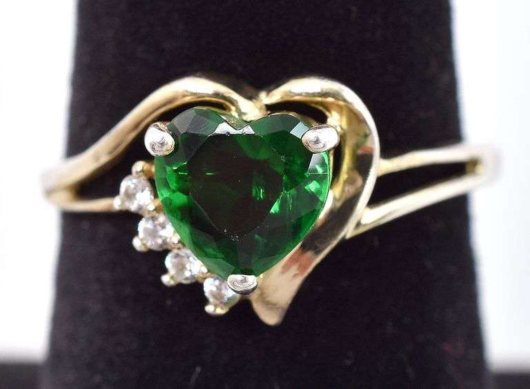 Sterling Silver Green Heart and White CZ Ring