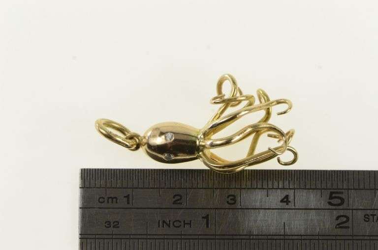 18K Yellow Gold 3D Diamond Eyed Octopus Ocean Pendant