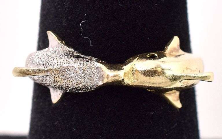 Heart Warming 14K Two-Tone Gold Kissing Dolphin Ring