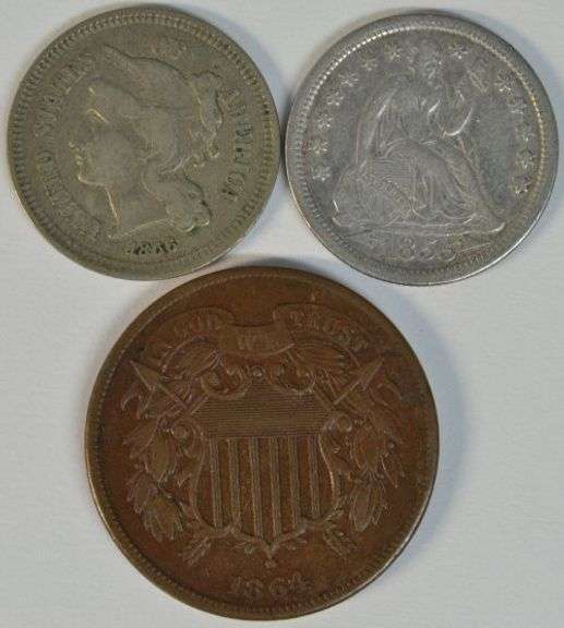 3 Diff High Grade US Type Coins: 1864 2c, 1866 3c, and 1855 Arrows 10c