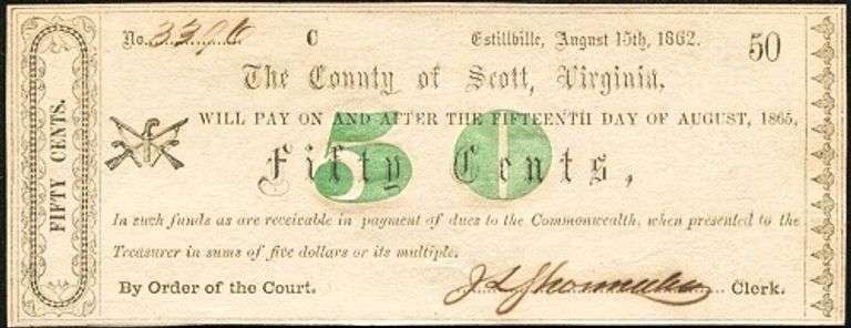 Superb Crisp 1800's 50 Cent Note County Of Scott Estillbille Virginia!