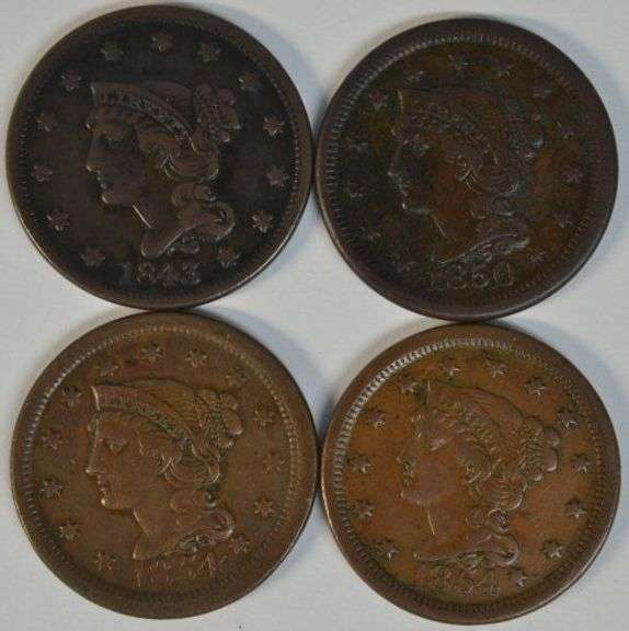 Great lot of 4 Braided Hair Large Cents in XF 1843 to 1854