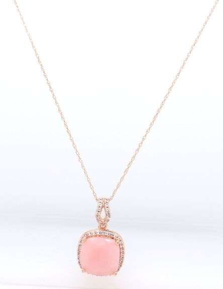 14kt Yellow gold cushion pink opal and topaz halo pendant on chain