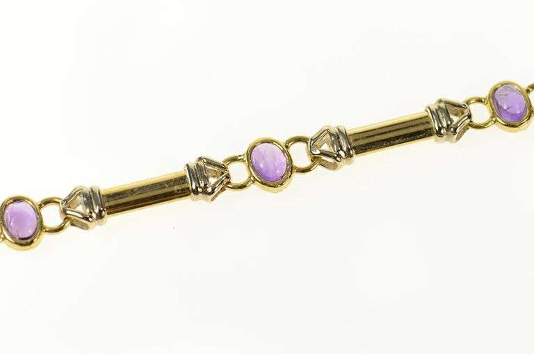 14K Yellow Gold Ornate Oval Amethyst Bar Link Statement Bracelet