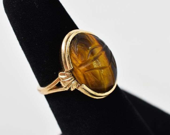 Honorable 10K Yellow Gold Tiger's Eye Scarab Ring