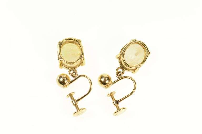 14K Yellow Gold Opal Inset Retro Dangle Screw Back Earrings