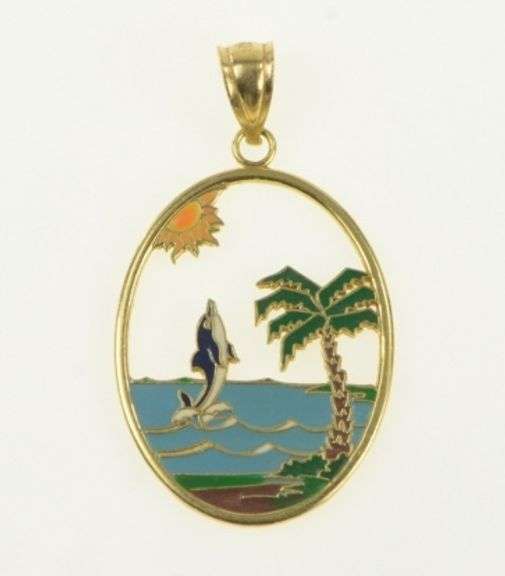 14K Yellow Gold Enamel Dolphin Beach Motif Ocean Charm/Pendant