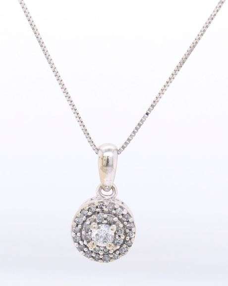 10kt White gold diamond double halo pendant on box chain necklace