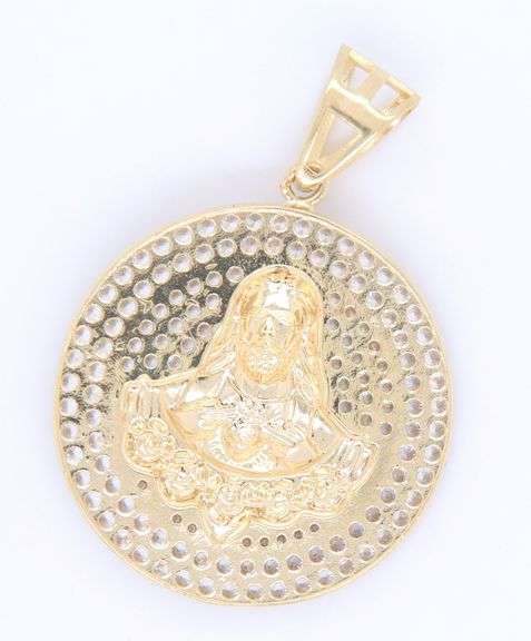 14kt Yellow gold round religious cubic zirconia pendant