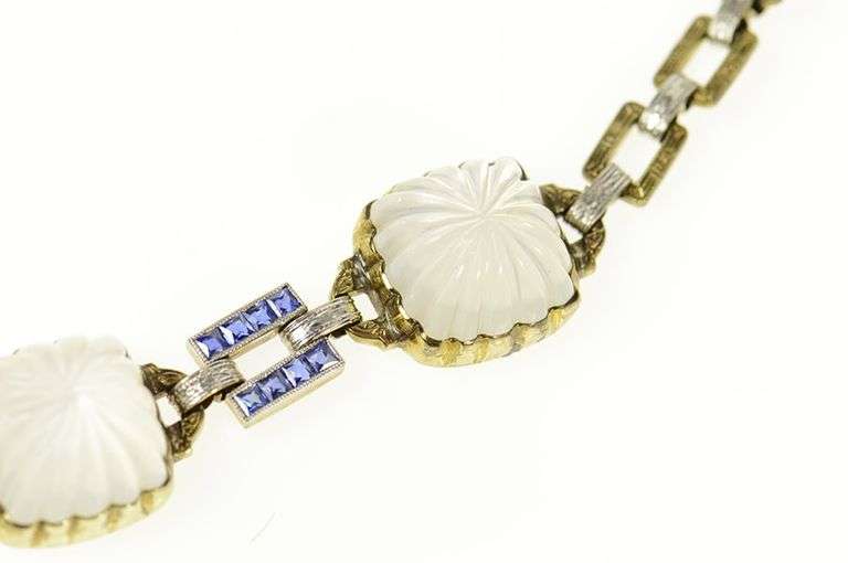 14K Yellow Gold Art Deco Camphor Glass Syn. Sapphire Bracelet