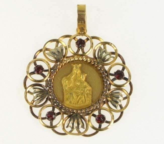 18K Yellow Gold Ornate Virgin Mary Christian Medallion Pendant