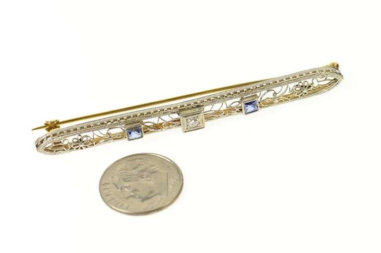 14K White Gold Art Deco Diamond Syn. Sapphire Filigree Bar Pin/Brooch