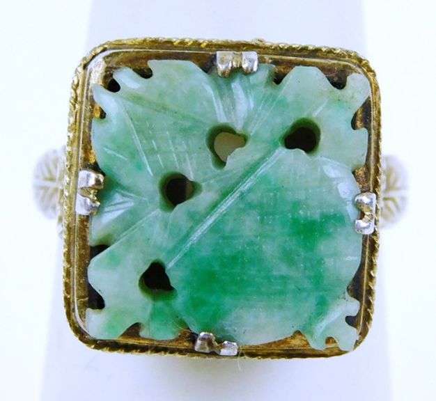 Vintage Silver Carved Jade Ring, Size 6.5