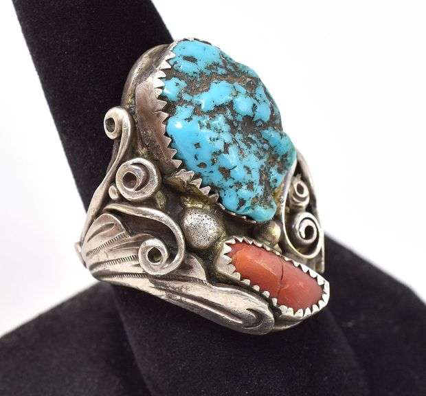 Native American Sterling Silve Turquoise and Coral Gemstone Ring