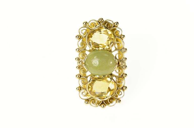 14K Yellow Gold Ornate Citrine Jadeite Filigree Statement Ring