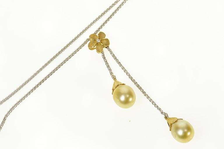 18K White Gold Denny Wong Pearl Diamond Flower Dangle Necklace