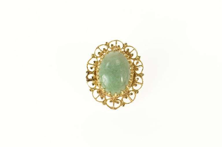 14K Yellow Gold Oval Aventurine Retro Scalloped Filigree Pin/Brooch
