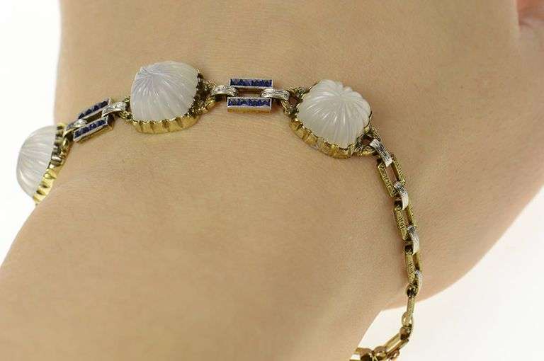 14K Yellow Gold Art Deco Camphor Glass Syn. Sapphire Bracelet