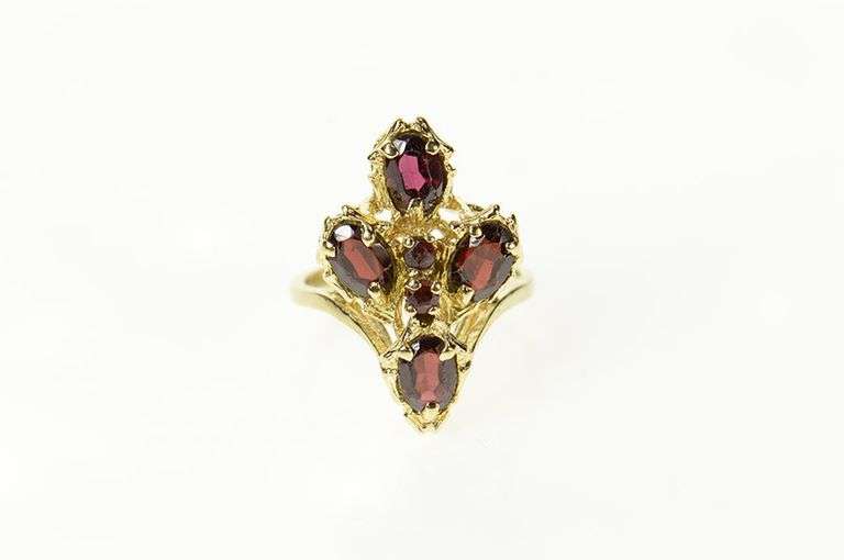 14K Yellow Gold Ornate Garnet Elaborate Cluster Chevron Ring